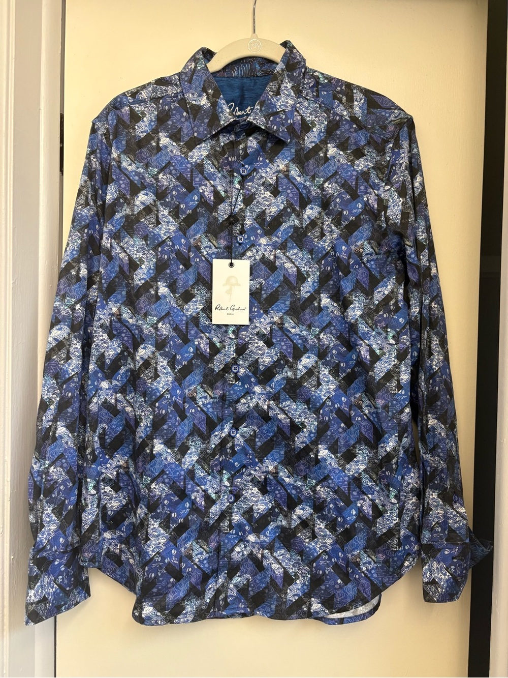 Robert Graham Blue and Black Geometric Print Button-Down Shirt